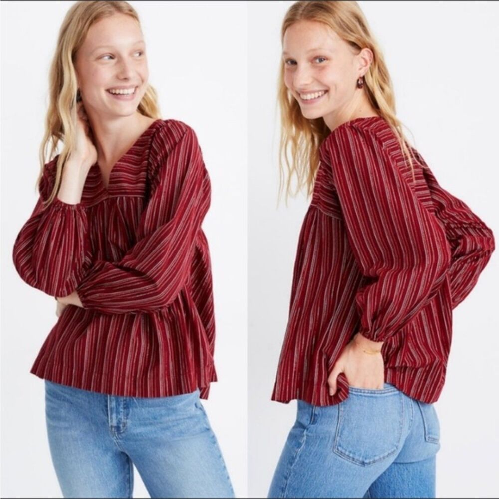 Madewell Swingy Peasant Top in Metallic Red Stripe Size Medium